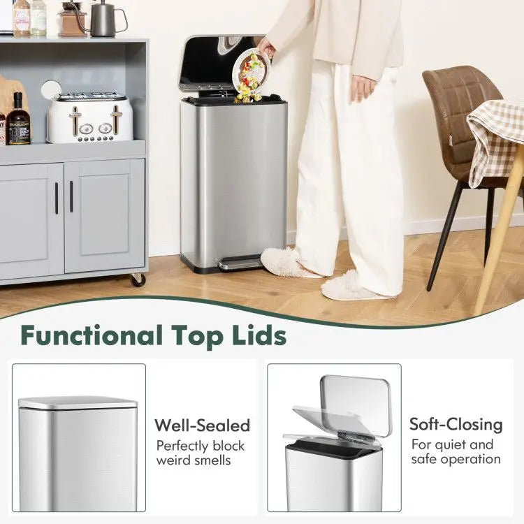 10.5 Gal and 1.6 Gal Step Trash Can Combo Set Detachable Inner Buckets for Convenient Kitchen Storage