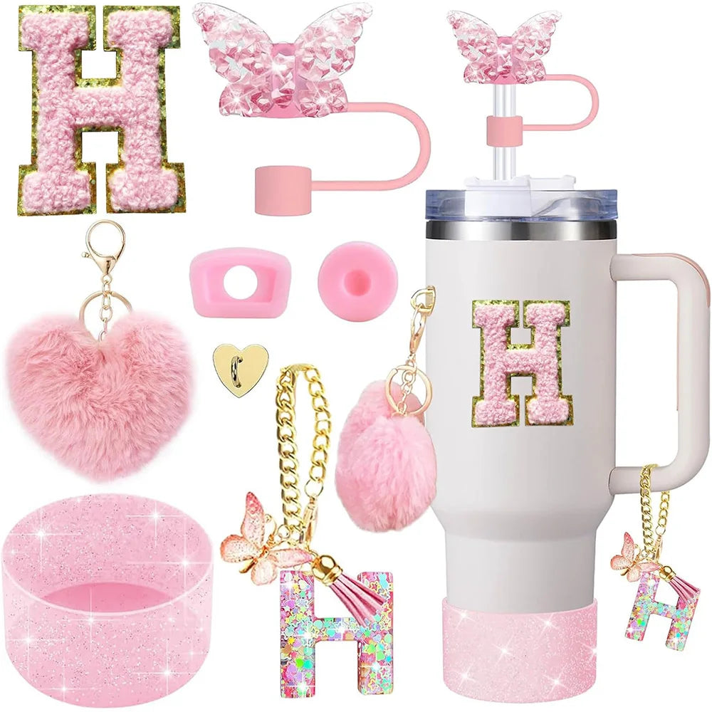 8pcs Cup Accessories for Stanley Cup 30oz 40oz Includes Butterfly Straw Cover Cap Silicone Boot Handle Charm Initials Sticker