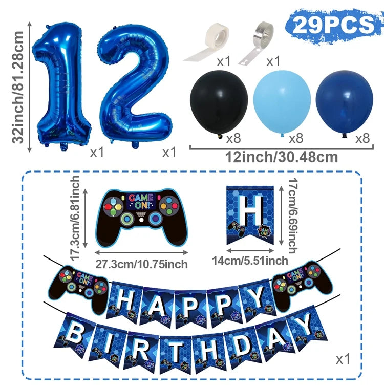 Gamepad Balloons Game On with Blue Digit Number Balloon Children's Birthday Party Decorations Game Theme Party Supplies