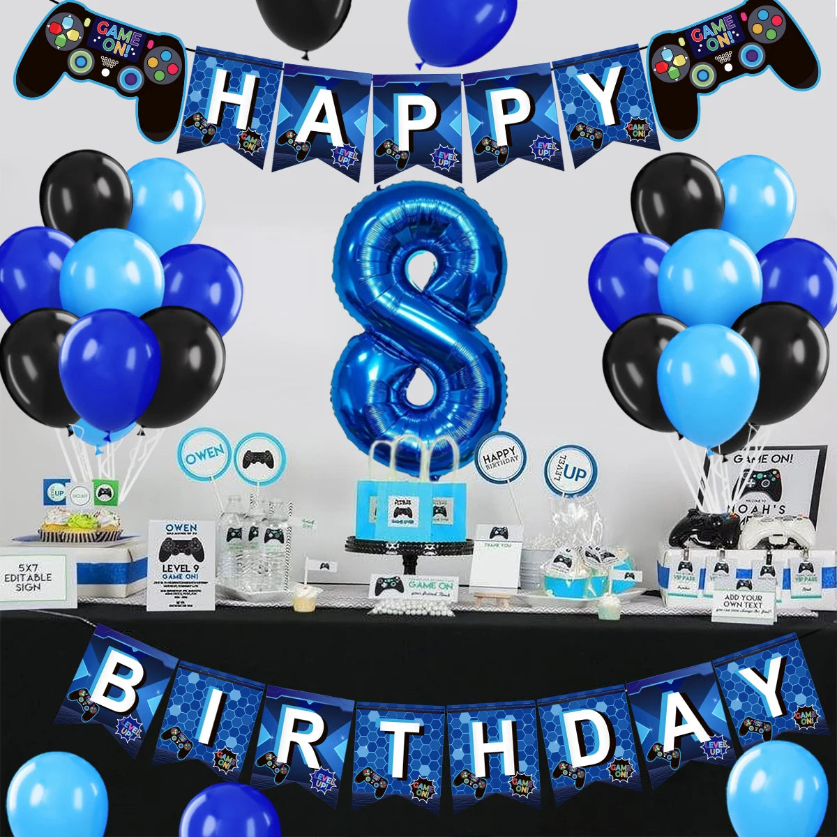 Gamepad Balloons Game On with Blue Digit Number Balloon Children's Birthday Party Decorations Game Theme Party Supplies