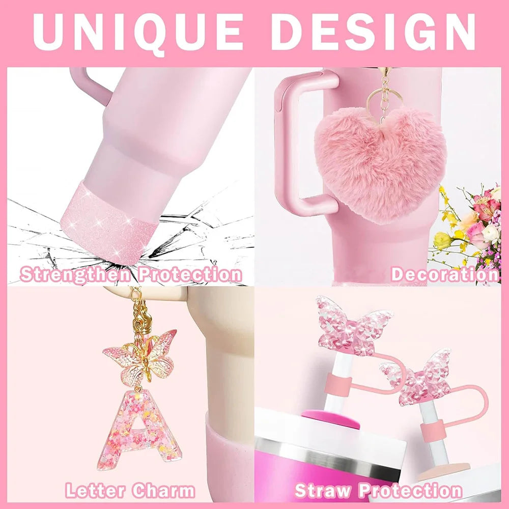 8pcs Cup Accessories for Stanley Cup 30oz 40oz Includes Butterfly Straw Cover Cap Silicone Boot Handle Charm Initials Sticker