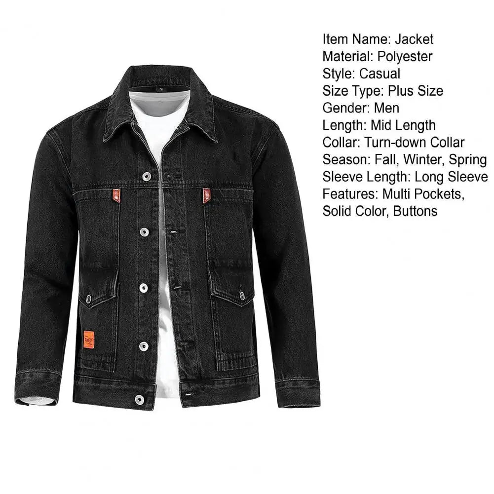 Trendy Denim Jacket Turn-down Collar Men Coat Long Sleeves Mid Length Spring Denim Coat Thermal