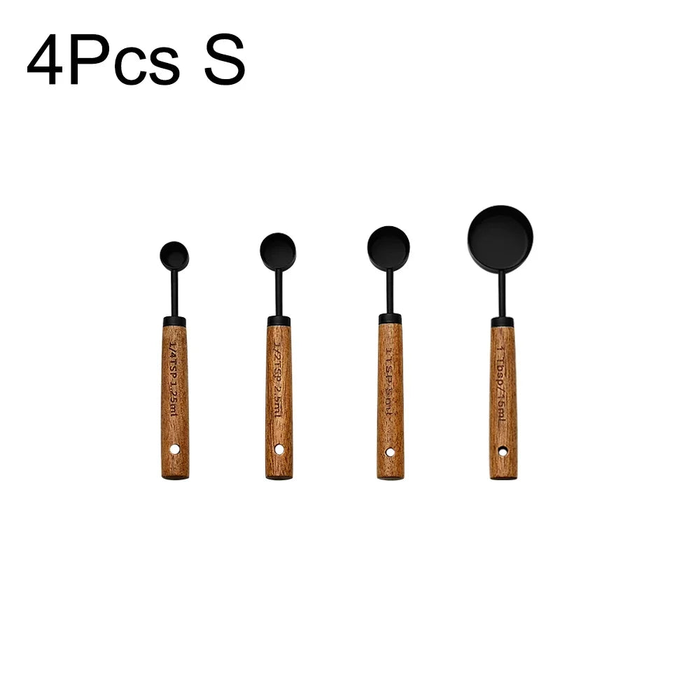 1/4/8Pcs Measuring Cup Spoon Sets Stainless Steel Wooden Handle Coffee Flour Scoop Bartending Scale Kitchen Cooking Gadget Sets