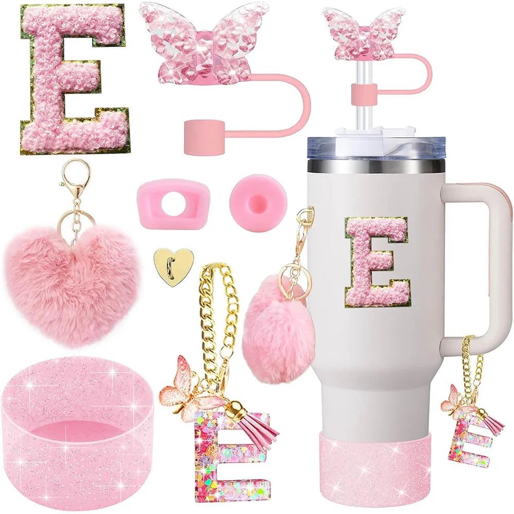 8pcs Cup Accessories for Stanley Cup 30oz 40oz Includes Butterfly Straw Cover Cap Silicone Boot Handle Charm Initials Sticker