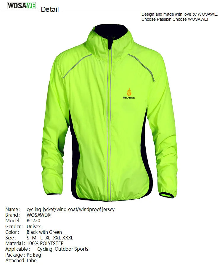 WOLFBIKE Windproof Cycling Jacket Jersey Vest Wind Coat Windbreaker Jacket Outdoor Sportswear Reflective Water Repellent
