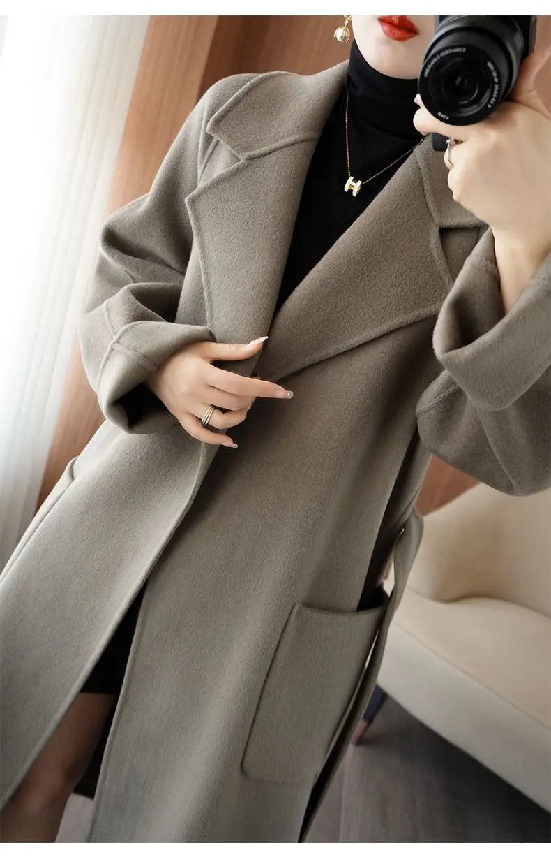 100% Wool Coat Women's Wear 2025 Autumn/Winter Fashion Temperament Double sided Cashmere Coats with Belt Elegant Long Overcoat