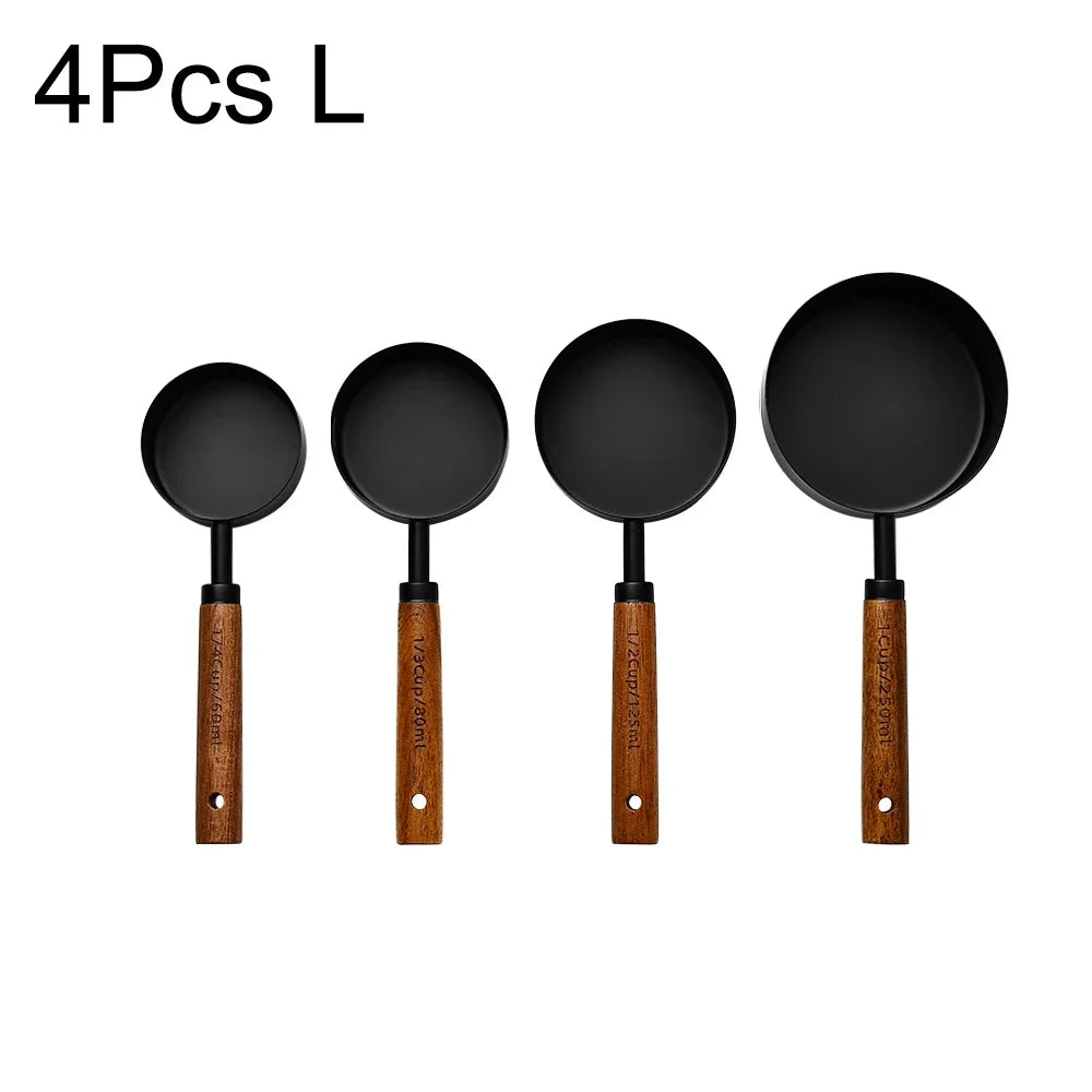 1/4/8Pcs Measuring Cup Spoon Sets Stainless Steel Wooden Handle Coffee Flour Scoop Bartending Scale Kitchen Cooking Gadget Sets