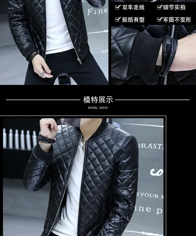 Men's Motorcycle Leather Coat Mens Clothes Slim Fit Casual Leather Jackets Trendy Mens Jackets Fashion Vintage Leather Coats