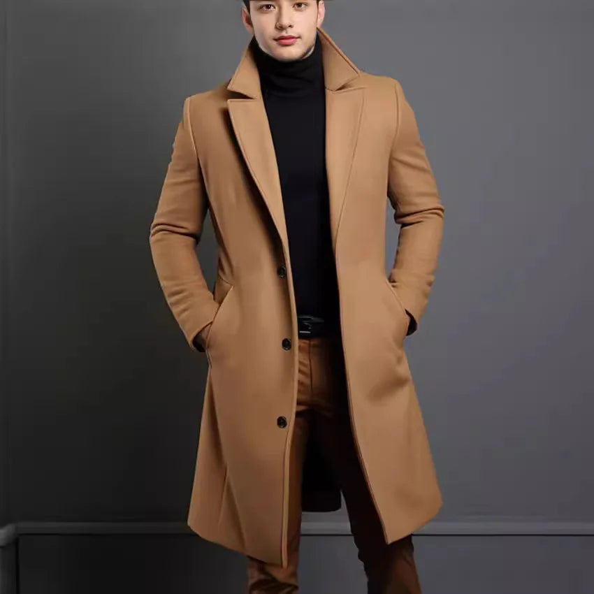 2025 New Woolen Coat for Men Mid to Long Solid Color High-end Minimalist Autumn and Winter Woolen Coat Warm Youth Coat