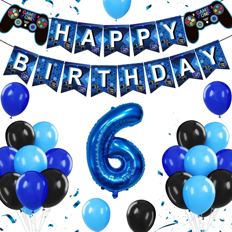 Gamepad Balloons Game On with Blue Digit Number Balloon Children's Birthday Party Decorations Game Theme Party Supplies