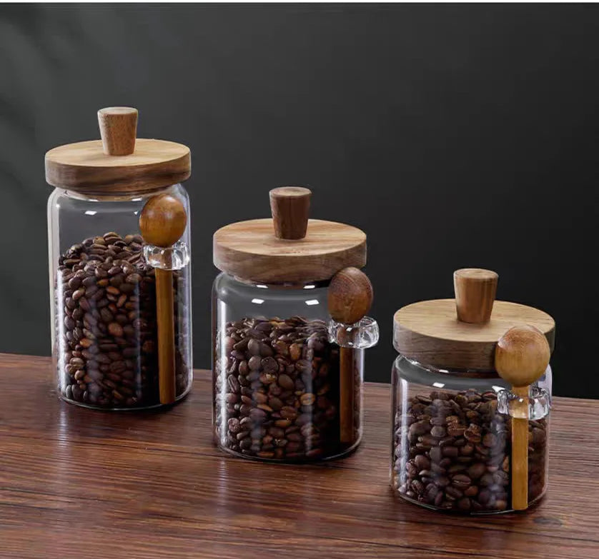 Kitchen Glass Jar Grains Coffee Beans Tealeaf Storage Containers with Wood Spoon Lid Clear Spice Jar Moisture-proof Storage Tank