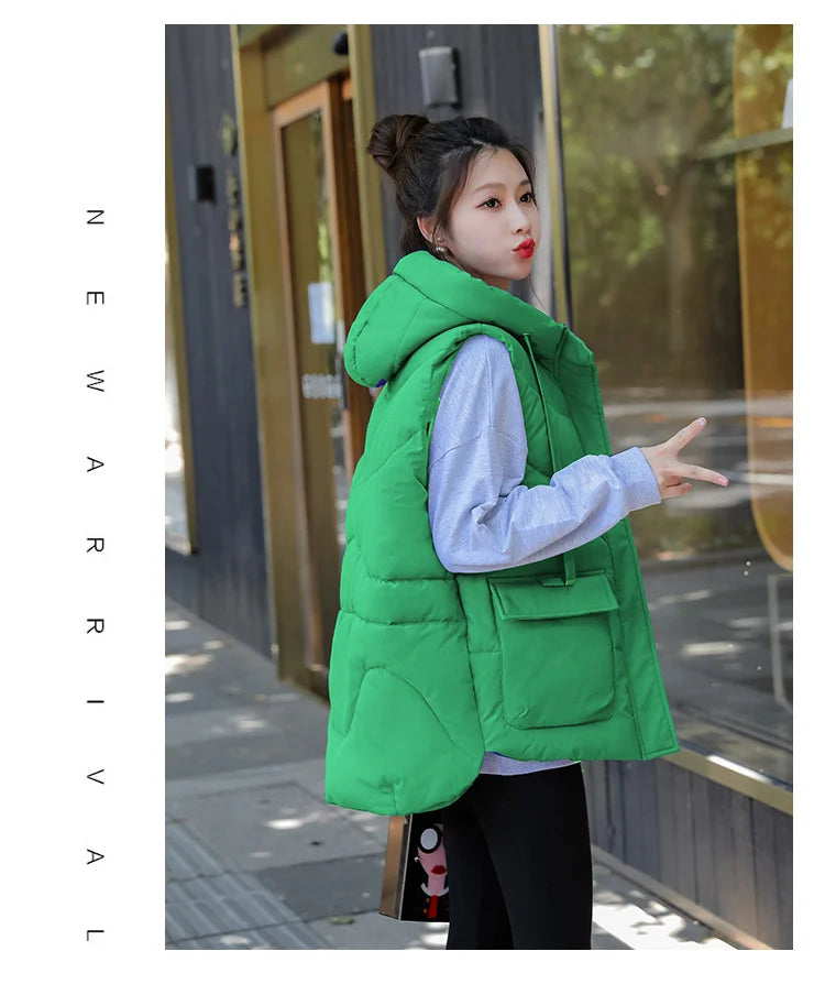 Women's Autumn Hooded Vest Coat 2025 New Short Down Cotton Padded Jacket Sleeveless Female Winter Waistcoat Warm Snow Wear Vests