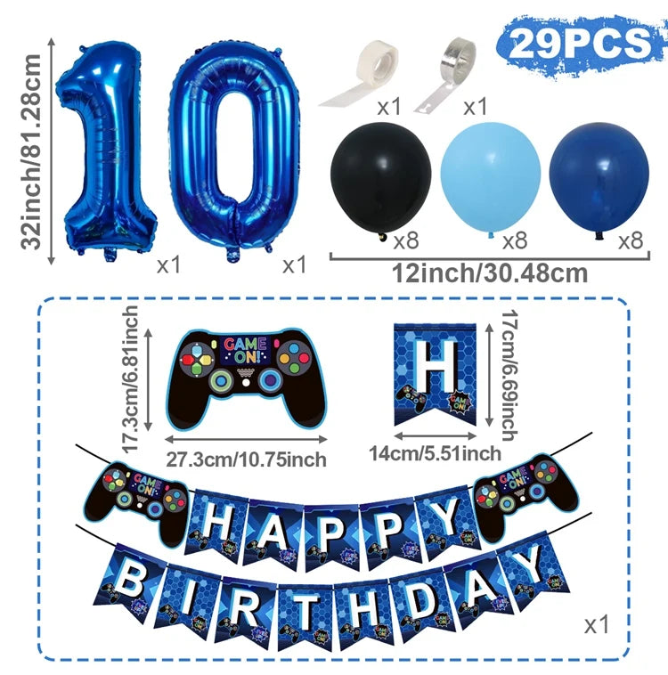 Gamepad Balloons Game On with Blue Digit Number Balloon Children's Birthday Party Decorations Game Theme Party Supplies