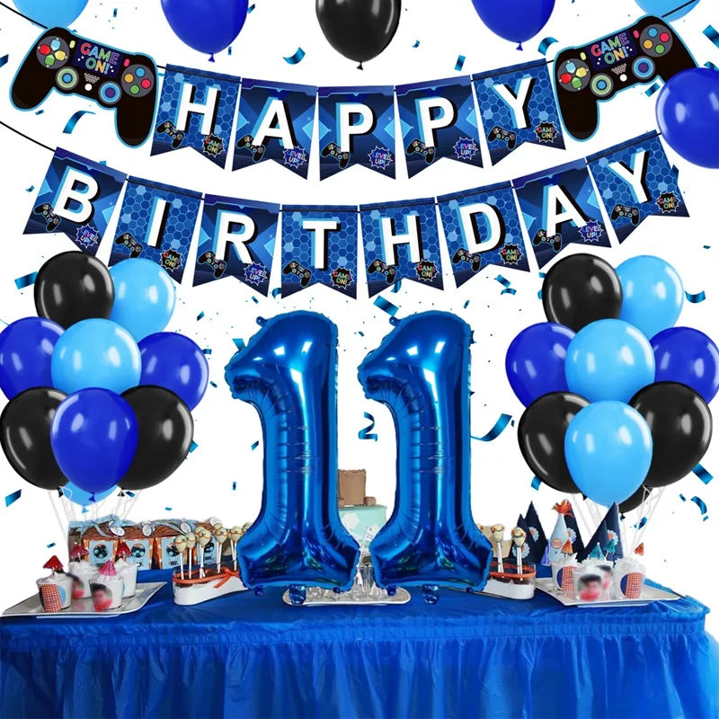 Gamepad Balloons Game On with Blue Digit Number Balloon Children's Birthday Party Decorations Game Theme Party Supplies