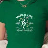 MUSIC IS LIFE Women's Fashion Short T-Shirt Slim Fit Y2K Style with Printed Pattern Knitted Fabric