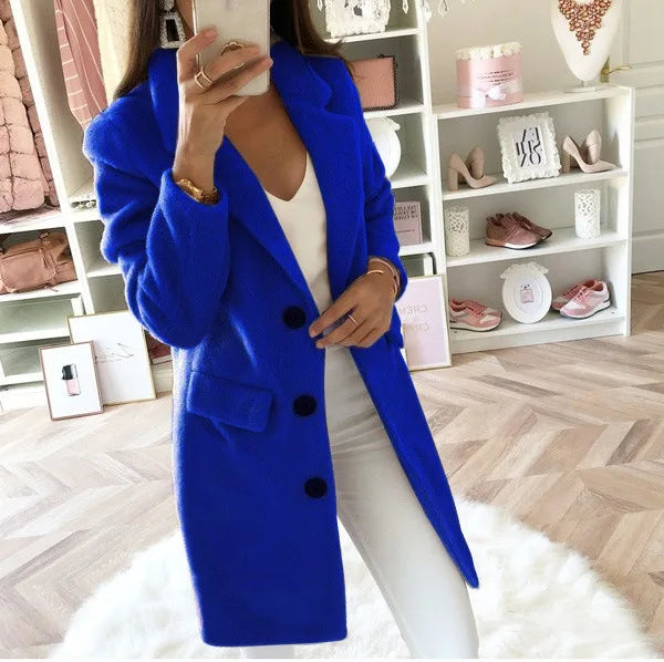 Autumn Commuter Women's Solid Color Coat Suit Collar Medium Length Fashion Double Breasted Woolen Coat Elegant Women's Coat