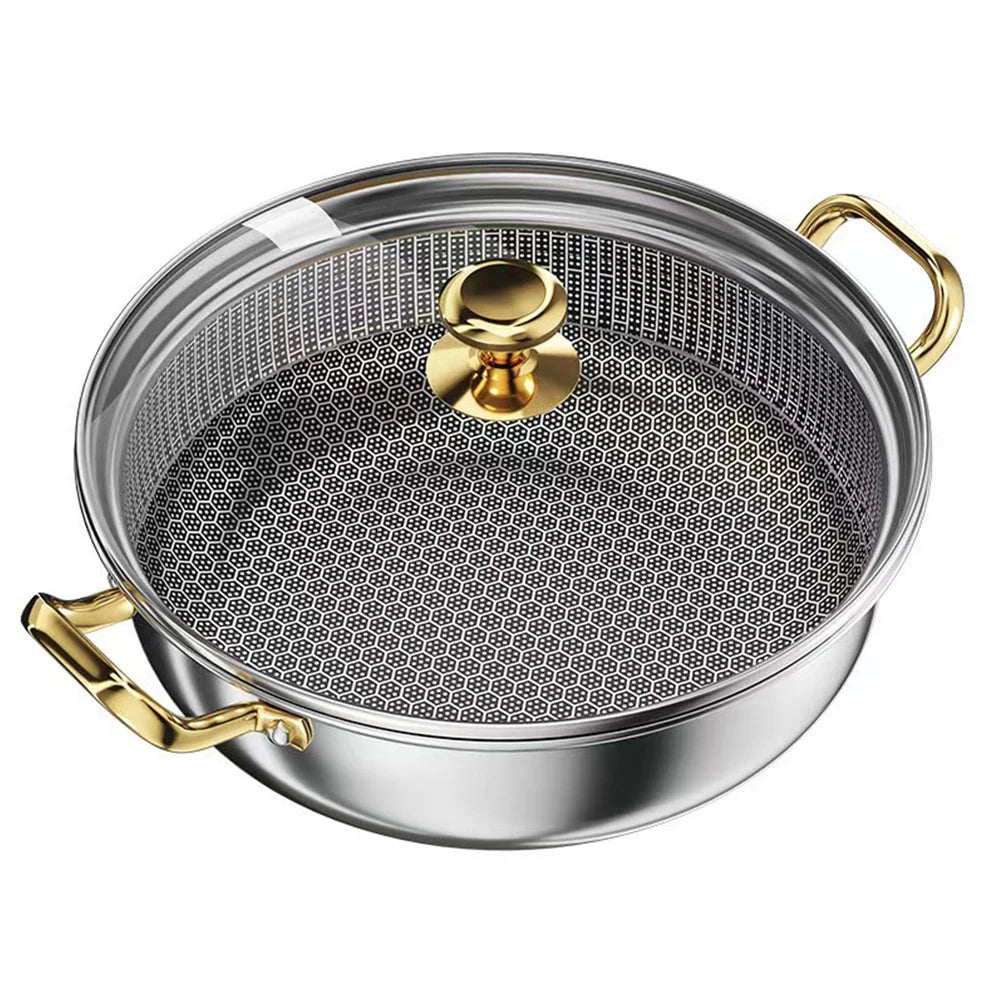 30cm Stainless Steel Frying Pan Honeycomb Non-stick Soup Pot wok with lid Home Induction Cooker Gas Stove Stew Kitchen Cookware
