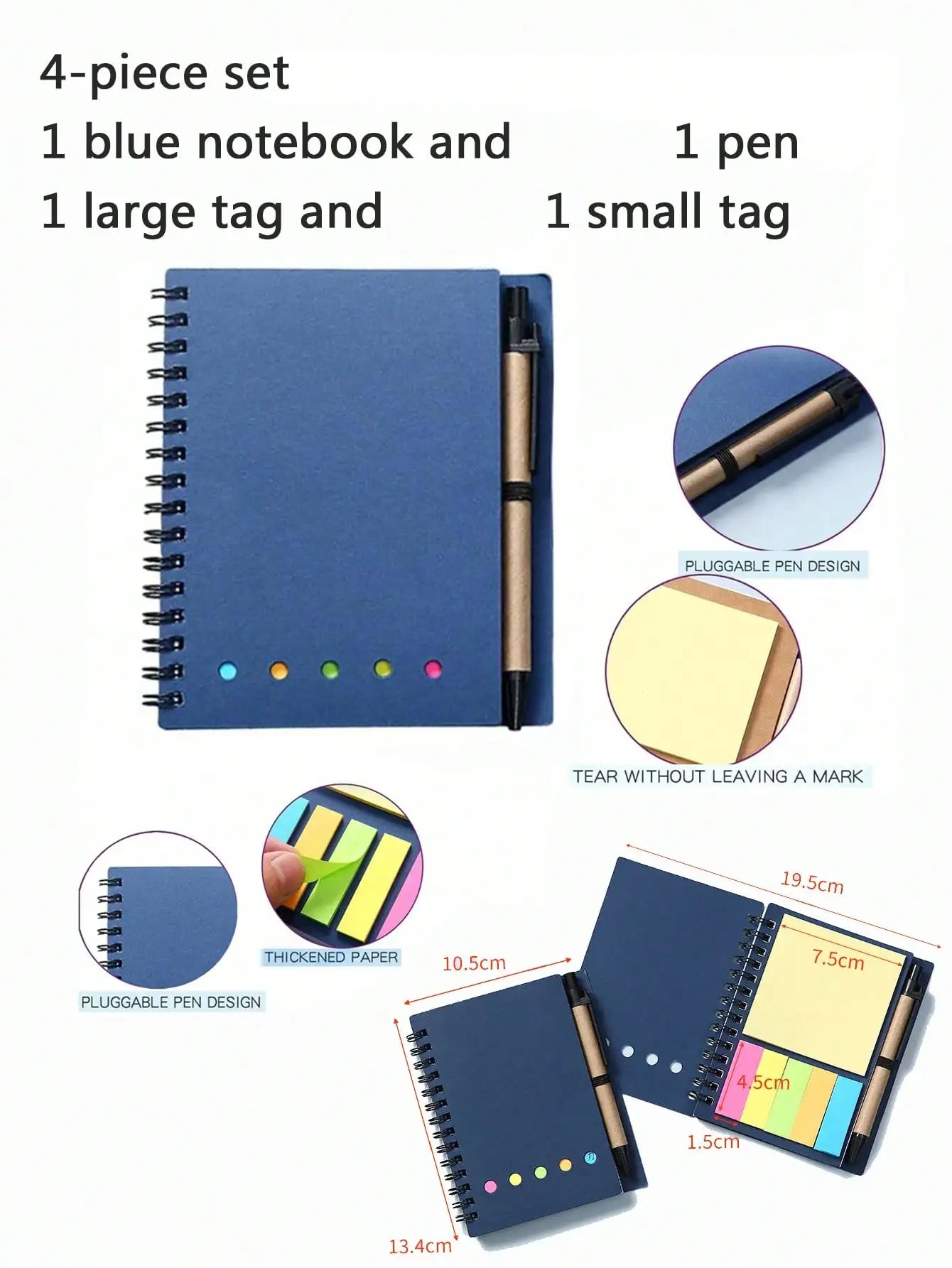 4pcs-set Spiral Notebook-Pocket Notepad with Pen Loop,Sticky Notes&Index Tabs,4.1x5.3"Brown Paper Cover,Portable Lined Journal