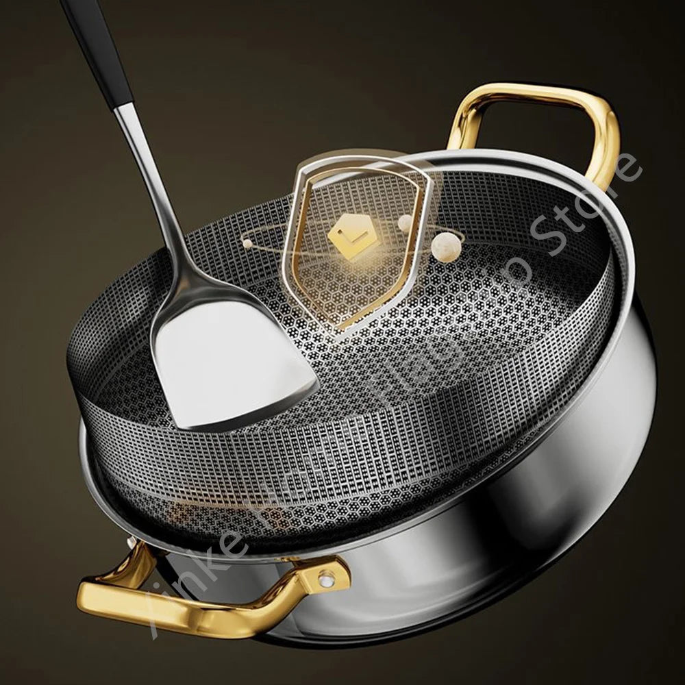 30cm Stainless Steel Frying Pan Honeycomb Non-stick Soup Pot wok with lid Home Induction Cooker Gas Stove Stew Kitchen Cookware