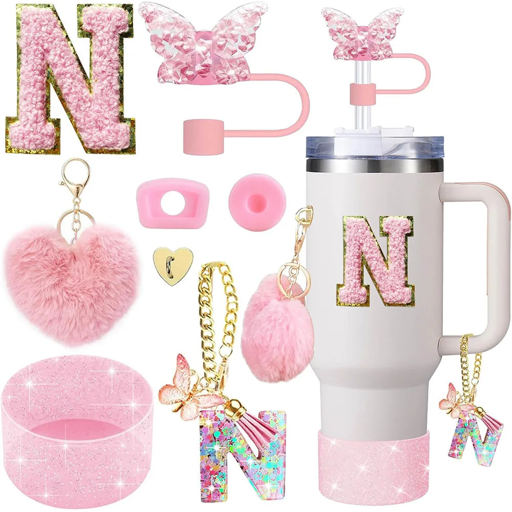 8pcs Cup Accessories for Stanley Cup 30oz 40oz Includes Butterfly Straw Cover Cap Silicone Boot Handle Charm Initials Sticker