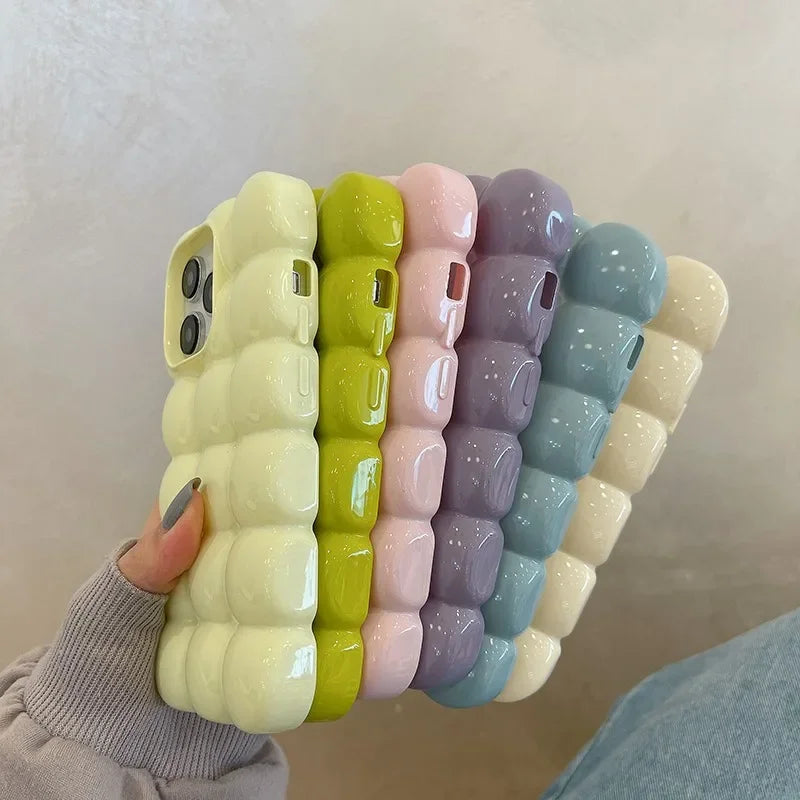Cute Cartoon 3D Block Lattice Case for iPhone 15 14 13 16 Pro Max 12 11 Glossy Candy Solid Color Soft Silicone Shockproof Cover