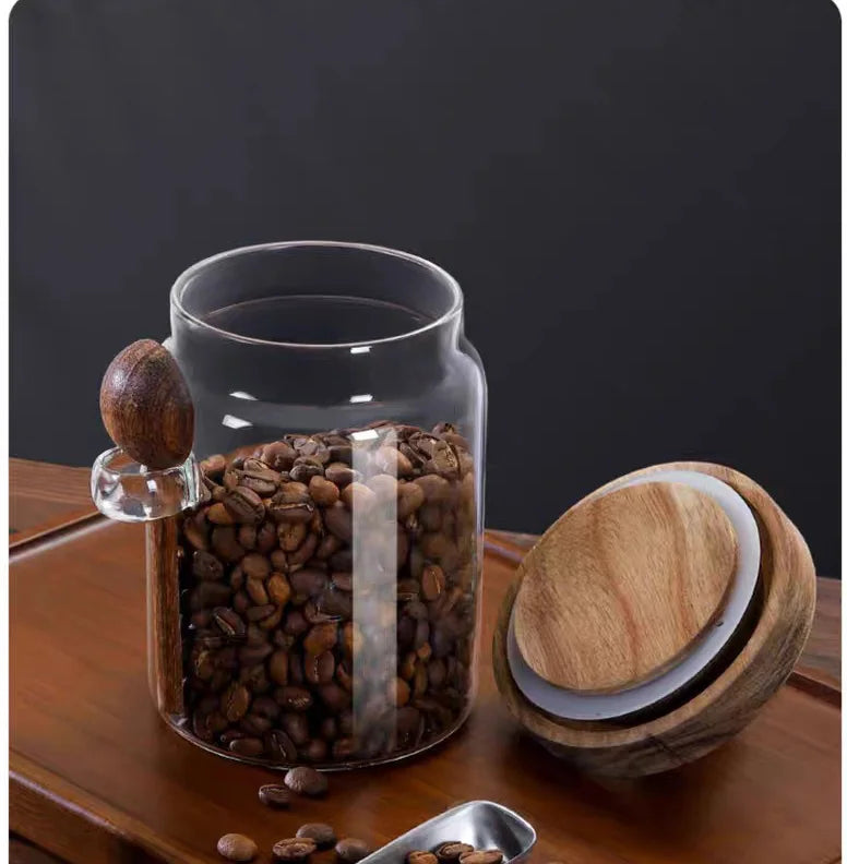 Kitchen Glass Jar Grains Coffee Beans Tealeaf Storage Containers with Wood Spoon Lid Clear Spice Jar Moisture-proof Storage Tank