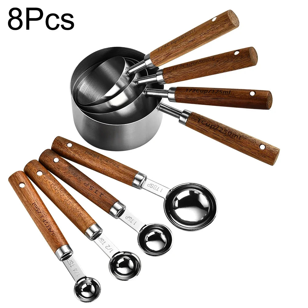 1/4/8Pcs Measuring Cup Spoon Sets Stainless Steel Wooden Handle Coffee Flour Scoop Bartending Scale Kitchen Cooking Gadget Sets