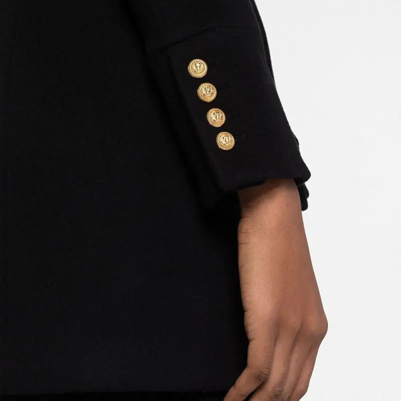Women New Winter Black Wool Coat Gold Double Breasted Long Sleeve Coat