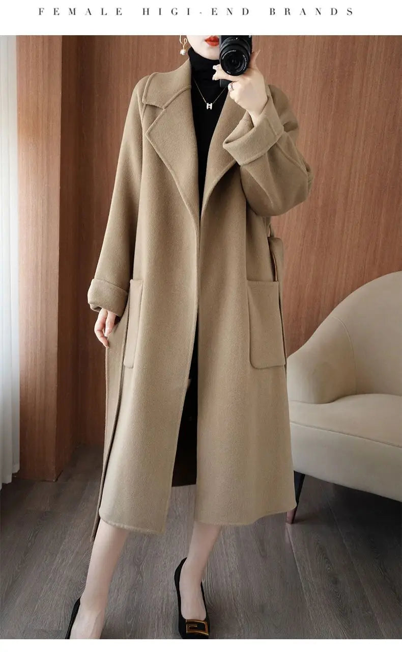 100% Wool Coat Women's Wear 2025 Autumn/Winter Fashion Temperament Double sided Cashmere Coats with Belt Elegant Long Overcoat