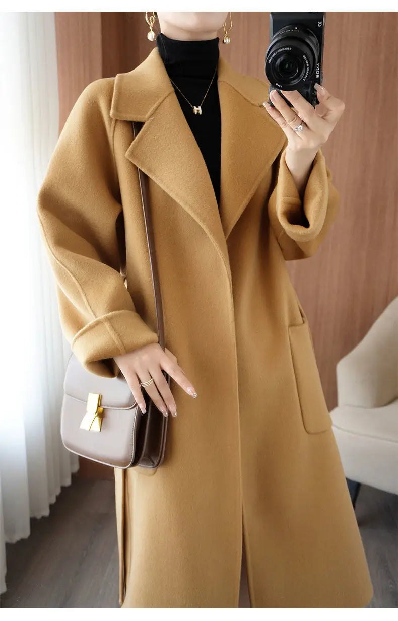 100% Wool Coat Women's Wear 2025 Autumn/Winter Fashion Temperament Double sided Cashmere Coats with Belt Elegant Long Overcoat