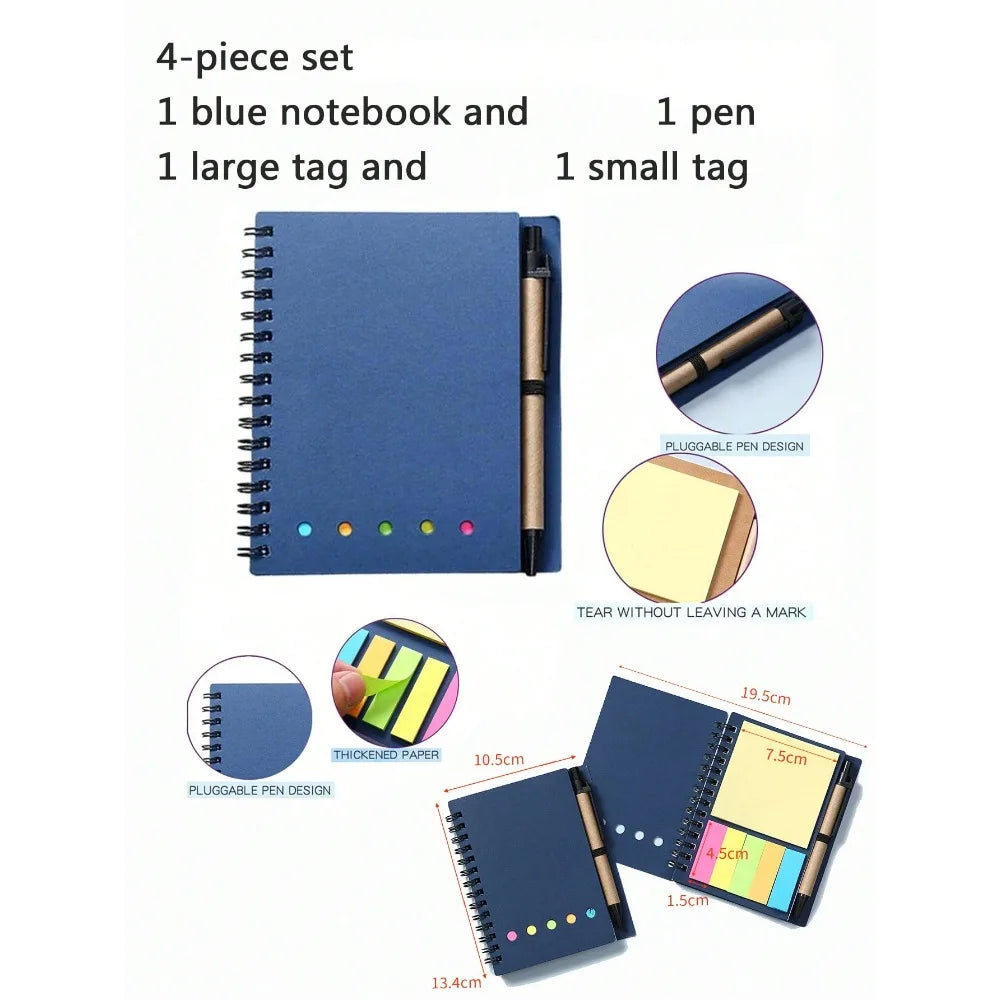 4pcs-set Spiral Notebook-Pocket Notepad with Pen Loop,Sticky Notes&Index Tabs,4.1x5.3"Brown Paper Cover,Portable Lined Journal