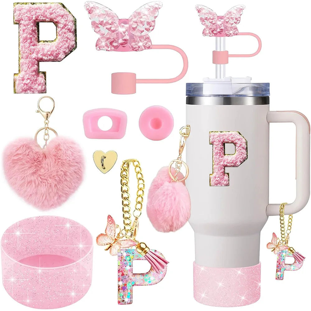 8pcs Cup Accessories for Stanley Cup 30oz 40oz Includes Butterfly Straw Cover Cap Silicone Boot Handle Charm Initials Sticker