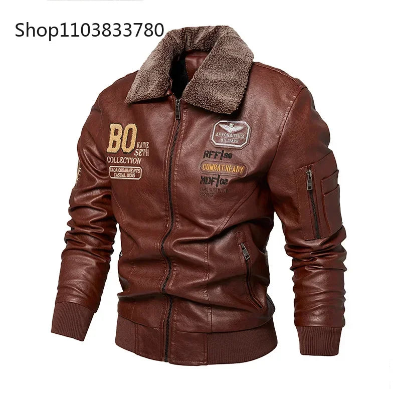 Men's Leather Jacket Fashion High-Quality Detachable Fur Collar Autumn And Winter Thick Coat Original Embroidered Men Clothing