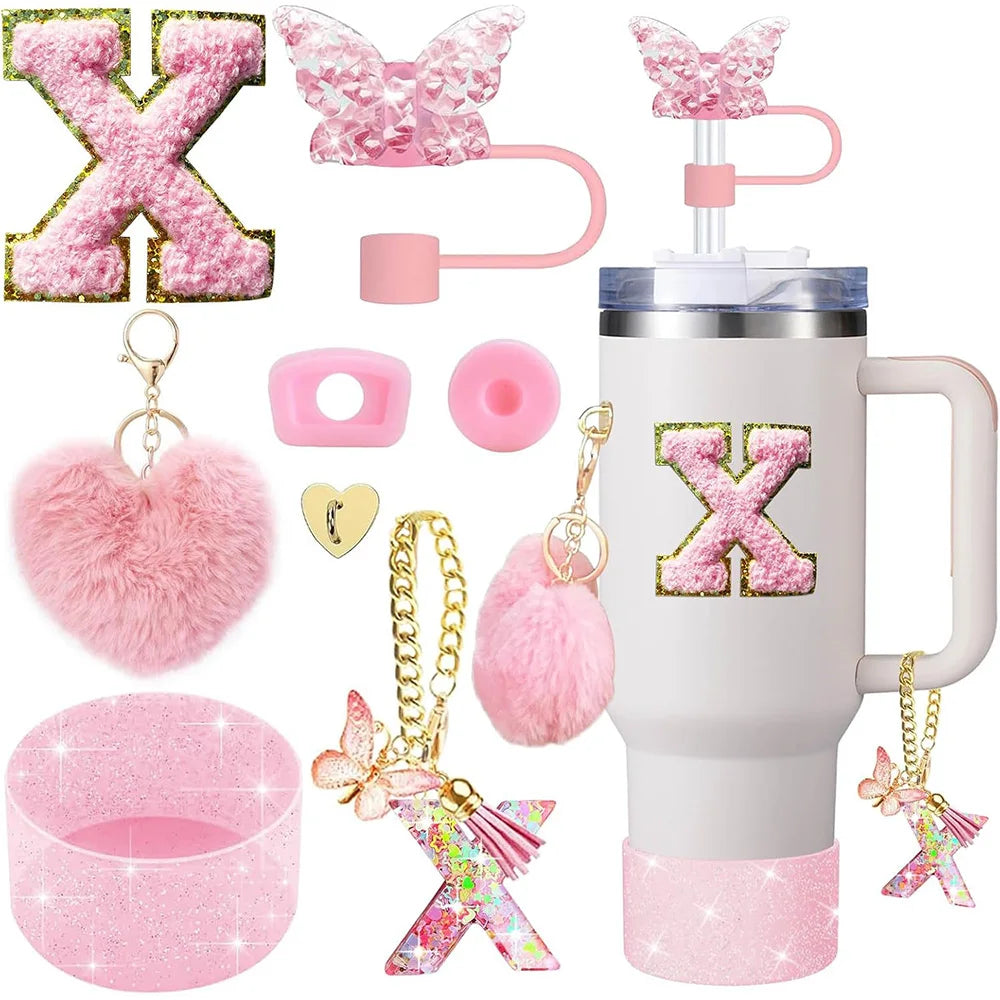 8pcs Cup Accessories for Stanley Cup 30oz 40oz Includes Butterfly Straw Cover Cap Silicone Boot Handle Charm Initials Sticker