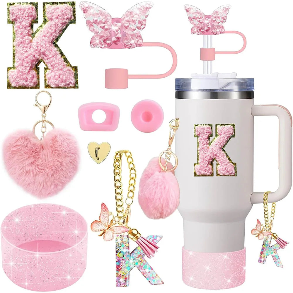 8pcs Cup Accessories for Stanley Cup 30oz 40oz Includes Butterfly Straw Cover Cap Silicone Boot Handle Charm Initials Sticker