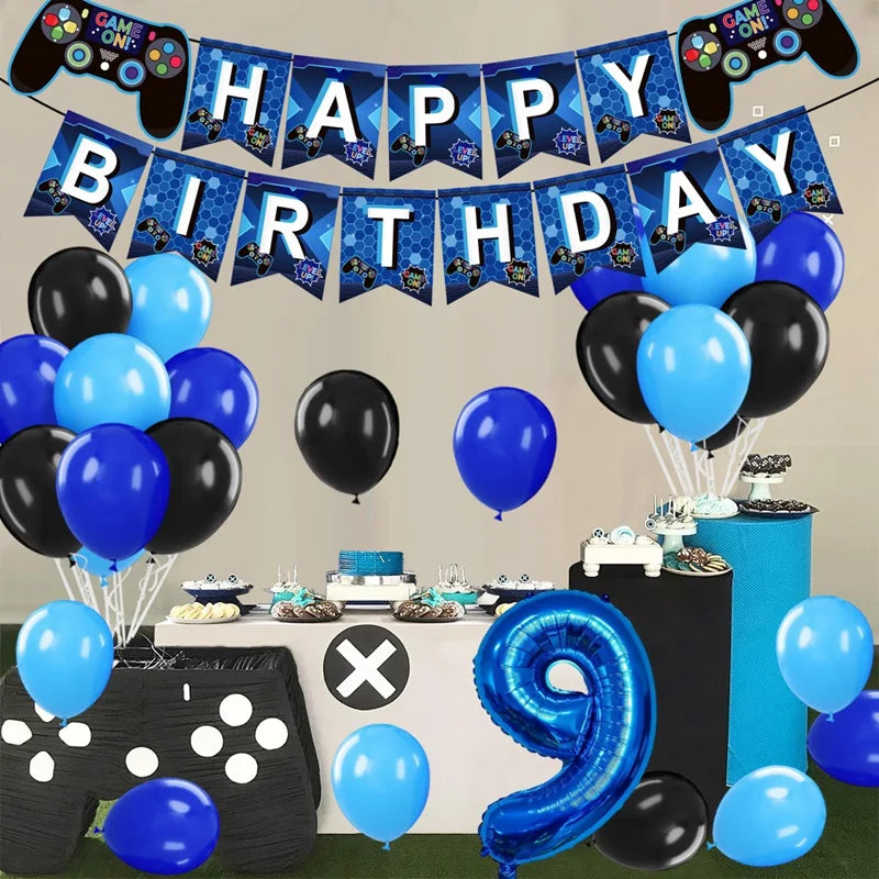 Gamepad Balloons Game On with Blue Digit Number Balloon Children's Birthday Party Decorations Game Theme Party Supplies