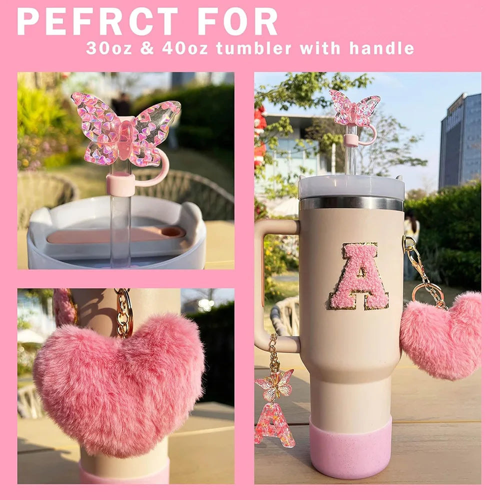 8pcs Cup Accessories for Stanley Cup 30oz 40oz Includes Butterfly Straw Cover Cap Silicone Boot Handle Charm Initials Sticker