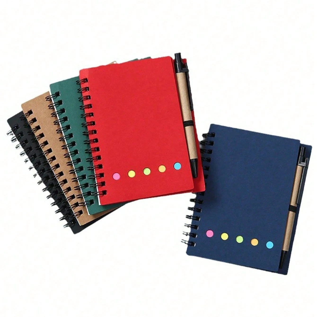 4pcs-set Spiral Notebook-Pocket Notepad with Pen Loop,Sticky Notes&Index Tabs,4.1x5.3"Brown Paper Cover,Portable Lined Journal