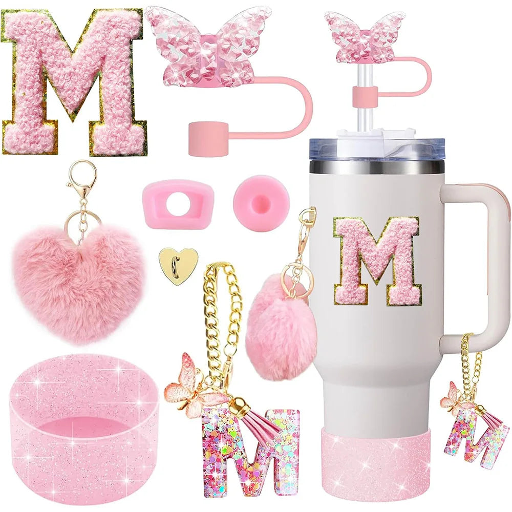 8pcs Cup Accessories for Stanley Cup 30oz 40oz Includes Butterfly Straw Cover Cap Silicone Boot Handle Charm Initials Sticker