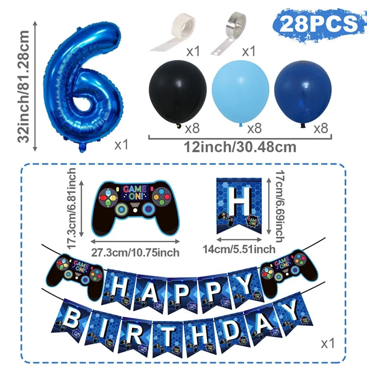 Gamepad Balloons Game On with Blue Digit Number Balloon Children's Birthday Party Decorations Game Theme Party Supplies