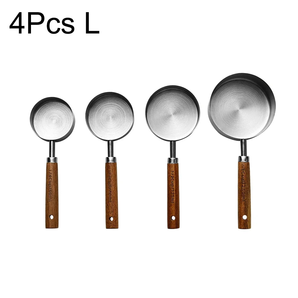 1/4/8Pcs Measuring Cup Spoon Sets Stainless Steel Wooden Handle Coffee Flour Scoop Bartending Scale Kitchen Cooking Gadget Sets