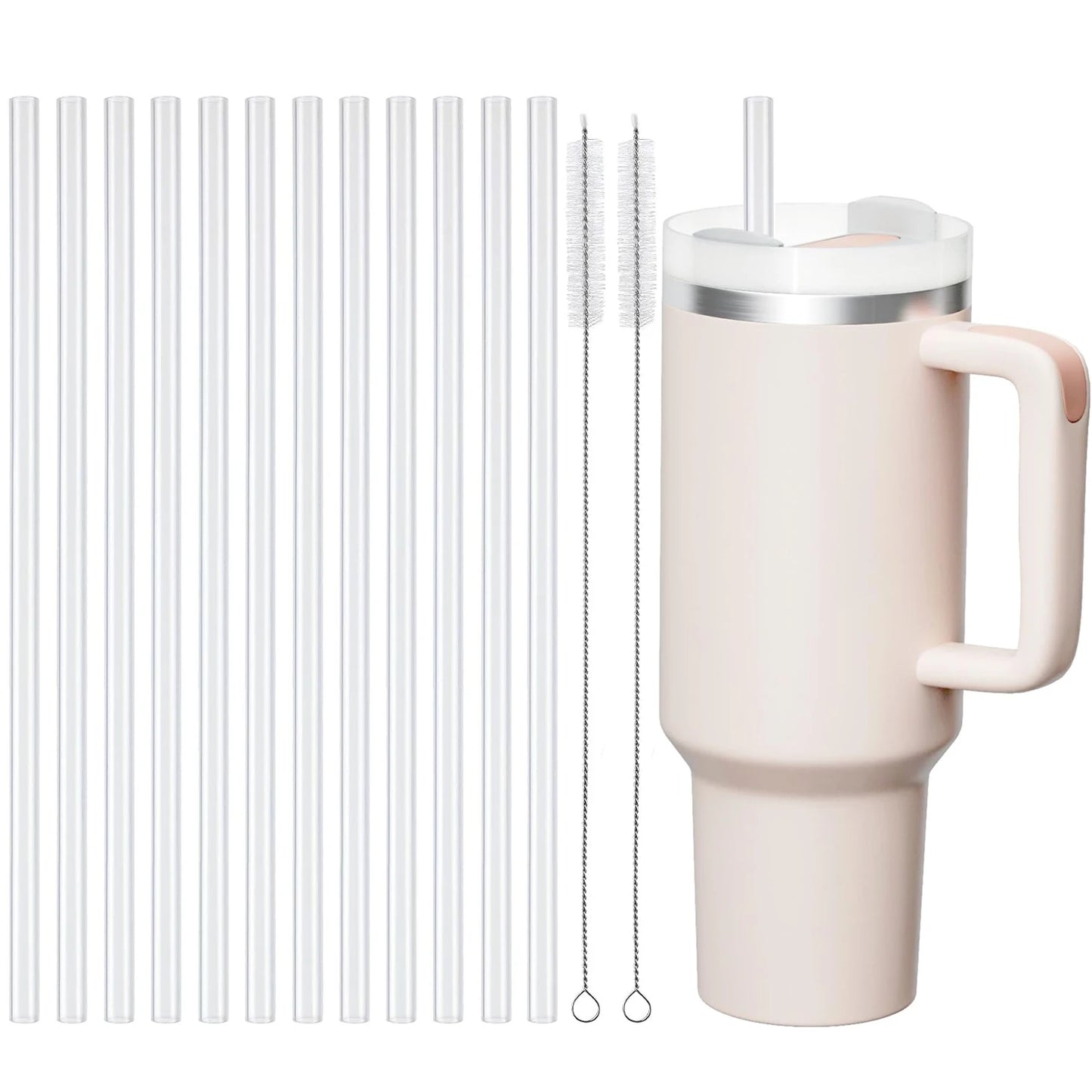Replacement Straws for Stanley 40 oz Cup Tumbler, 12 Pack Clear Reusable Plastic Straws, 2 Straw Brushes,for Stanley Cup