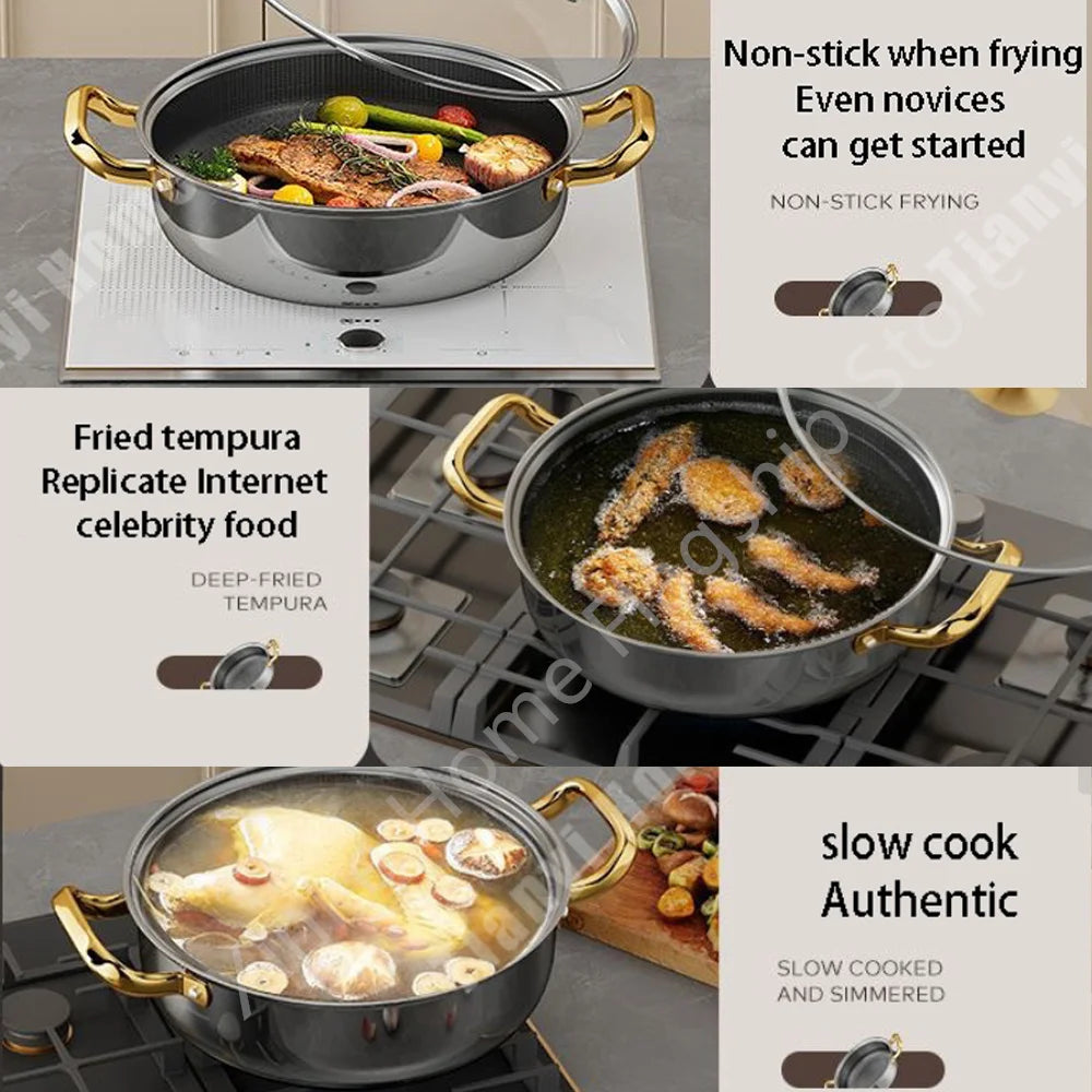 30cm Stainless Steel Frying Pan Honeycomb Non-stick Soup Pot wok with lid Home Induction Cooker Gas Stove Stew Kitchen Cookware