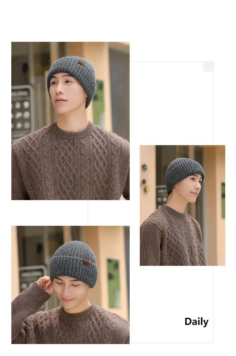 Winter Hats For Men Thickened Knitted Beanie Ear Protection Solid Color Cold Hat Keep Warm Baggy Cap Male Korean Elastic New