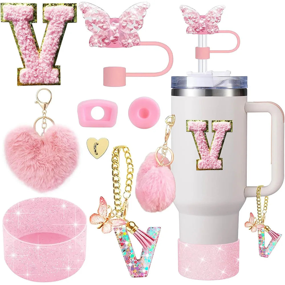 8pcs Cup Accessories for Stanley Cup 30oz 40oz Includes Butterfly Straw Cover Cap Silicone Boot Handle Charm Initials Sticker