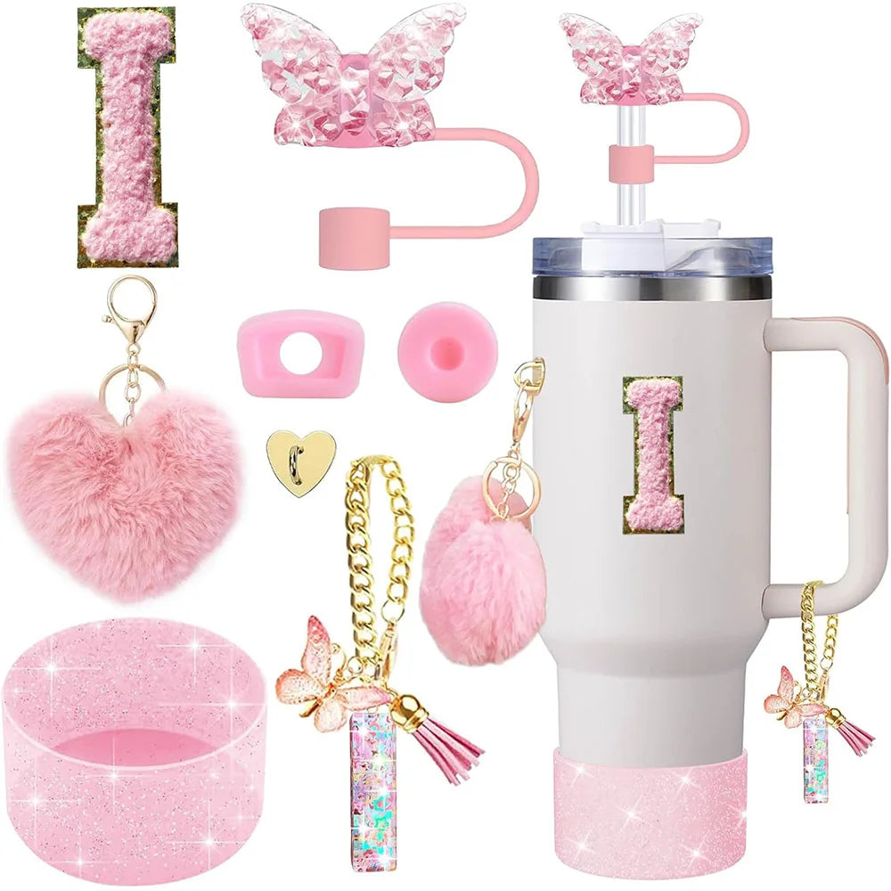 8pcs Cup Accessories for Stanley Cup 30oz 40oz Includes Butterfly Straw Cover Cap Silicone Boot Handle Charm Initials Sticker