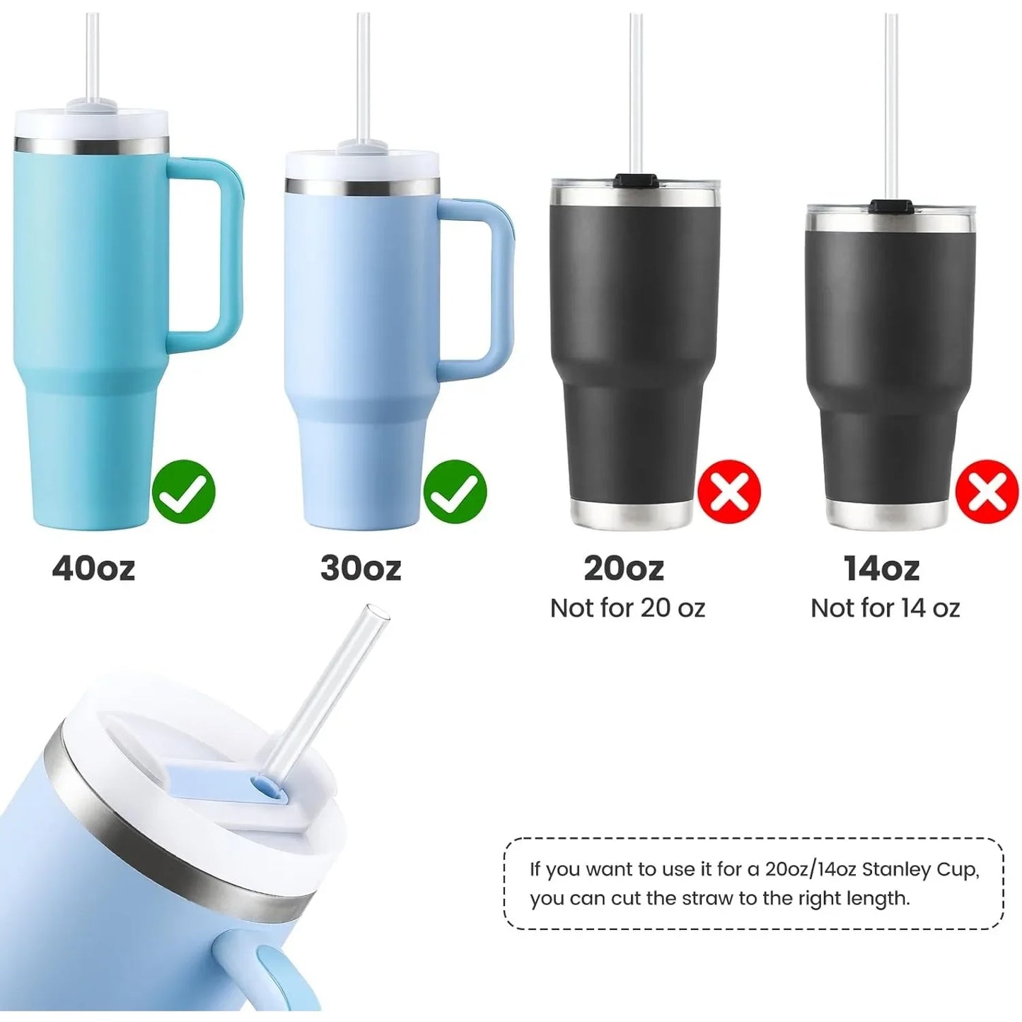 Replacement Straws for Stanley 40 oz Cup Tumbler, 12 Pack Clear Reusable Plastic Straws, 2 Straw Brushes,for Stanley Cup