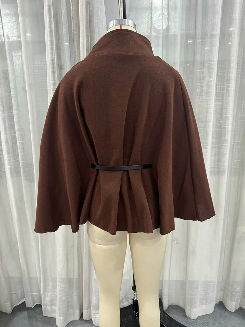 Women's Spring Fashion Cloak with Belt Simple Batwing Sleeves Adjustable Waist Strap Elegant Coat for Ladies