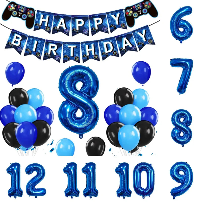 Gamepad Balloons Game On with Blue Digit Number Balloon Children's Birthday Party Decorations Game Theme Party Supplies