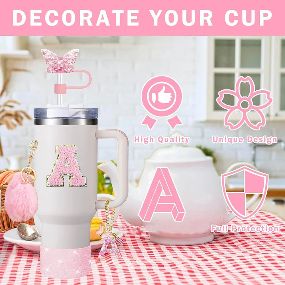 8pcs Cup Accessories for Stanley Cup 30oz 40oz Includes Butterfly Straw Cover Cap Silicone Boot Handle Charm Initials Sticker